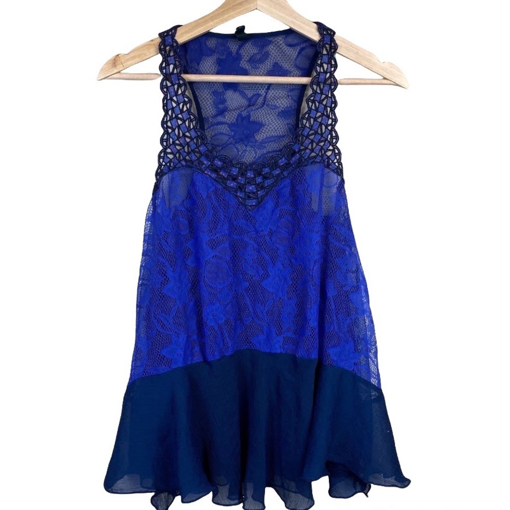 Free People Blue Embroidered Lace Scoop Neck Tank